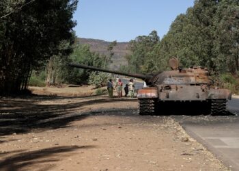 FILE PHOTO: A burned tank stands near the town of Adwa, Tigray region, Ethiopia, March 18, 2021.
