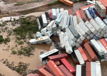An aerial view of containers strewn around by the heavy floods that fell on parts of KwaZulu-Natal last week. [File image]
