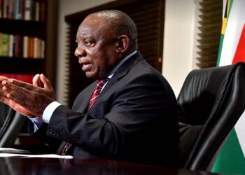 South Africa's President Cyril Ramaphosa pictured while speaking in his office.
