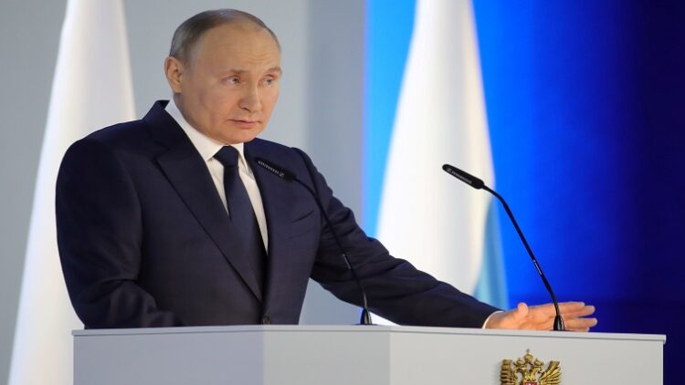 Russian President Vladimir Putin delivers his annual address to the Federal Assembly in Moscow, Russia.