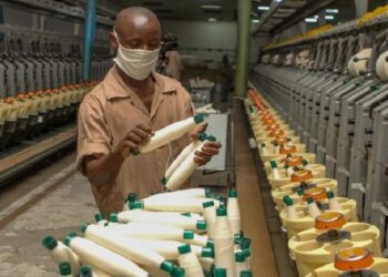 A factory worker inspects plastic products at a manufacturing plant.
