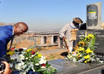 Buti Manamela laying a wreath at Mamelodi West Cemetery during the commemoration of Mahlangu's birthday in 2017. [File Image]