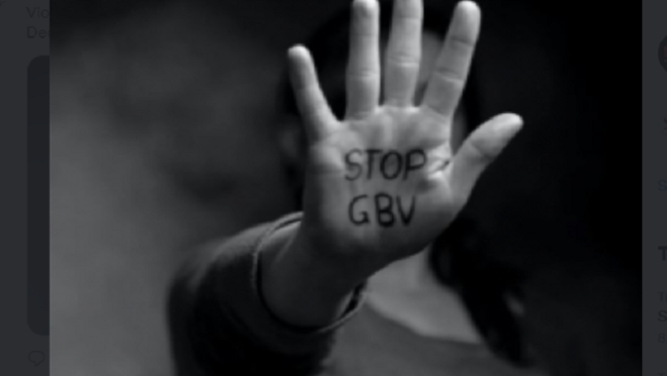 Person holds up their hand with the message to stop GBV