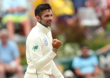 South African bowler, Keshav Maharaj celebrates taking a wicket.