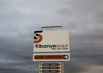 A sign board is seen near the Sibanye gold mine in Westonaria, west of Johannesburg.