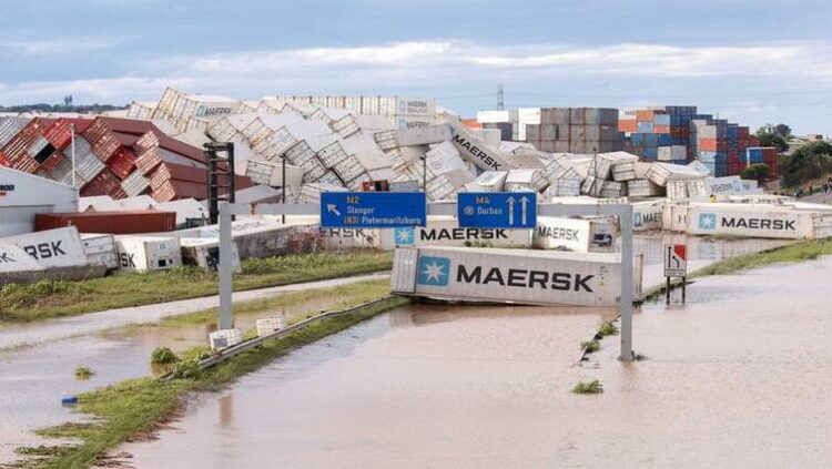 A view of shipping containers, which were washed away after heavy rains caused flooding, in Durban, South Africa, April 12, 2022.
