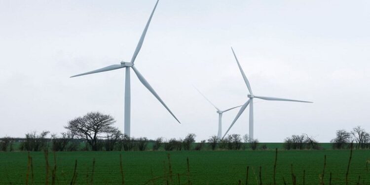 Wind turbines are seen in Finedon, Britain, March 30, 2022.