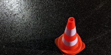 A traffic cone on a road