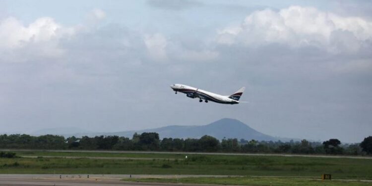 An Arik airline flight takes off from the domestic wing of the Nnamdi Azikiwe International Airport, Abuja, Nigeria July 8, 2020.