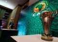 The CAF Confederation Cup and the CAF Champions League trophies on display before the draw.