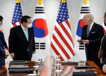 U.S. President Joe Biden interacts with South Korean President Yoon Suk-youl during a bilateral meeting at the People's House in Seoul, South Korea, May 21, 2022.