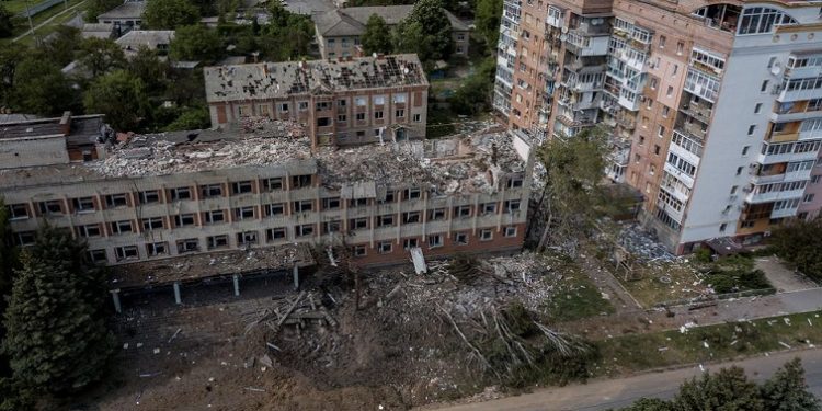 A destroyed building is seen after a rocket attack on a university campus, amid Russia's invasion, in Bakhmut, in the Donetsk region, Ukraine, May 21, 2022.