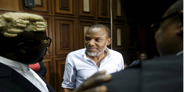 Indigenous People of Biafra (IPOB) leader Nnamdi Kanu is seen at the Federal high court Abuja, Nigeria.