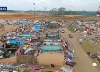FILE PHOTO: Drone footage shows damaged buildings after explosions in Bata, Equatorial Guinea, in this screengrab taken from a video from March 9, 2021. ASONGA TV/via REUTERS TV