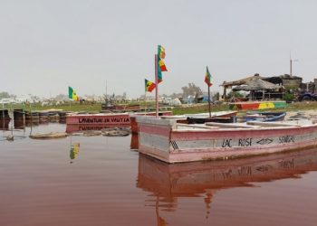 Boats seen on Lake Retba.