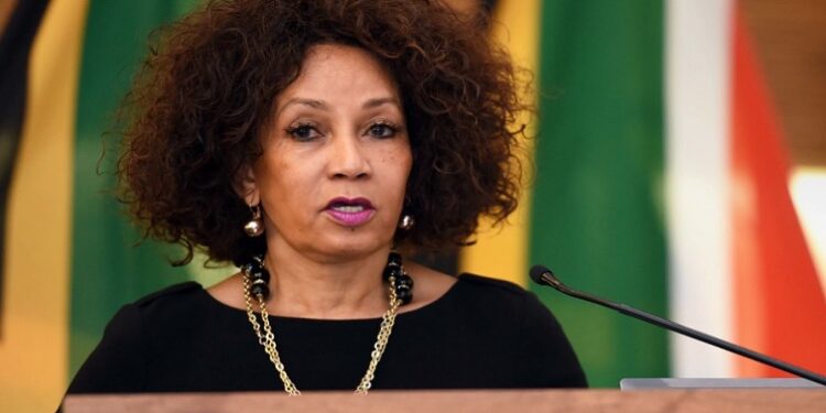 Minister Lindiwe Sisulu speaking at an event.