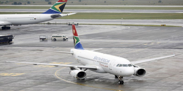 South African Airways plane at O.R. Tambo International Airport.
