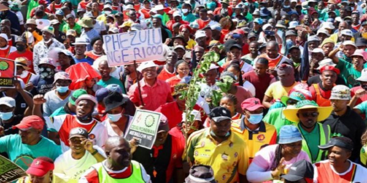 NUM and AMCU members, who have been on strike at Sibanye-Stillwater's gold operations since March 9, hold placards as they stage a protest outside the company's Kloof Mine