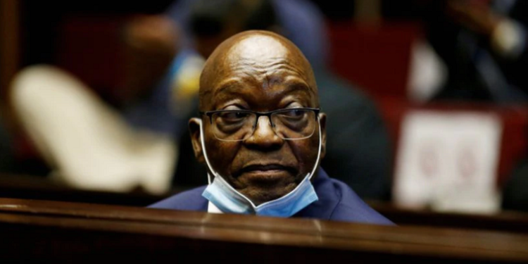 Former South African President Jacob Zuma sits in the dock after recess in his corruption trial in Pietermaritzburg, South Africa, May 26, 2021
