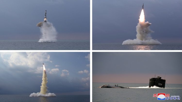 A combination of pictures shows a new submarine-launched ballistic missile during a test in this undated photo released on October 19, 2021 by North Korea's Korean Central News Agency (KCNA).