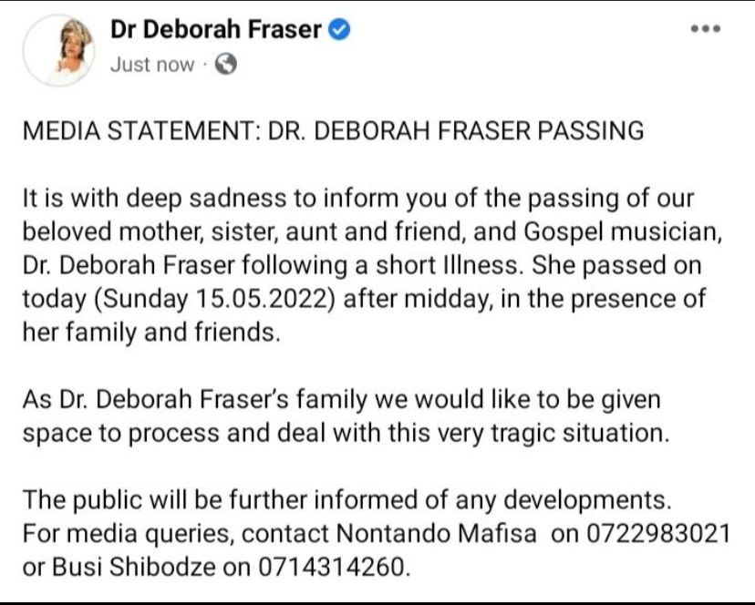 Legenda Injil Deborah Fraser meninggal – SABC News
