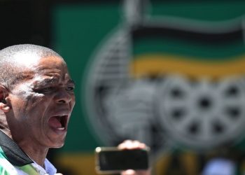 Ace Magashule, the secretary general of South Africa's ruling African National Congress addresses University students during a protest outside Luthuli house, the ANC headquarters in Johannesburg, South Africa, March 11, 2021.