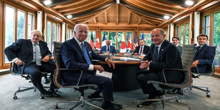 U.S. President Joe Biden attends a working lunch with other G7 leaders to discuss shaping the global economy at the Yoga Pavilion, Schloss Elmau in Kuren, Germany, June 26, 2022.