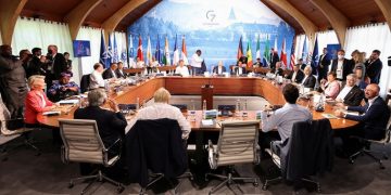 A general view of G7 leaders meeting with outreach guests for the working session of the G7 leaders' summit at the Bavarian resort of Schloss Elmau, near Garmisch-Partenkirchen, Germany, June 27, 2022.