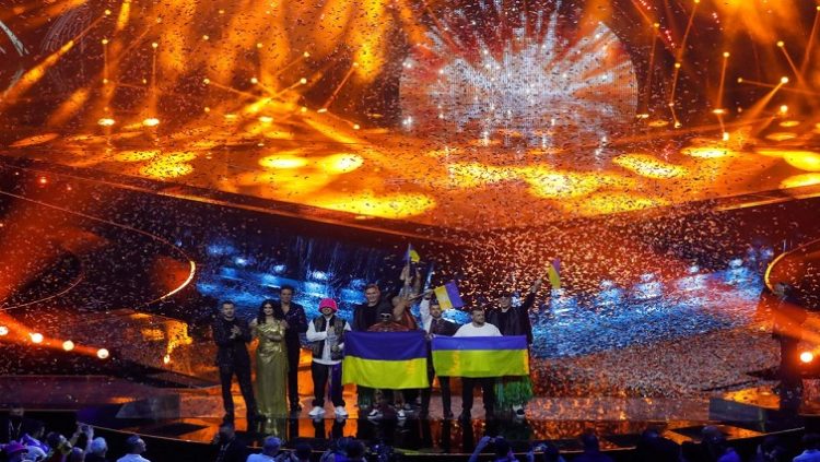 Kalush Orchestra from Ukraine appear on stage after winning the 2022 Eurovision Song Contest in Turin, Italy, May 15, 2022.