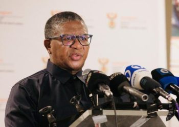 Transport Minister Fikile at a news conference at OR Tambo International.