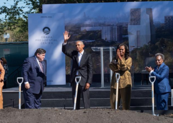 5th Ward Alderman Leslie A. Hairston, Illinois Governor J.B. Pritzker, Former U.S. president Barack Obama, Former First Lady Michelle Obama, Mayor Lori Lightfoot, and Alderperson (7th ward) Greg Mitchell celebrate during the groundbreaking ceremony for the Obama presidential center in Jackson Park, in Chicago, Illinois, U.S., September 28, 2021.