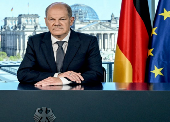 German Chancellor Olaf Scholz addresses the nation in Berlin, Germany, May 8, 2022.