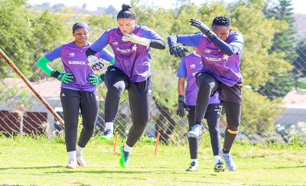 Banyana Banyana goalkeepers, Regirl Ngobeni, Kebotseng Moletsane, Kaylin Swart and Andile Dlamini training ahead of the anticipated 2022 Africa Women’s Cup of Nations tournament.