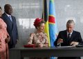 Democratic Republic of Congo President Felix Tshisekedi and his wife Denise Nyakeru Tshisekedi stand while Belgium's King Philippe and Queen Mathilde sign a guest book during their visit to national museum in Kinshasa