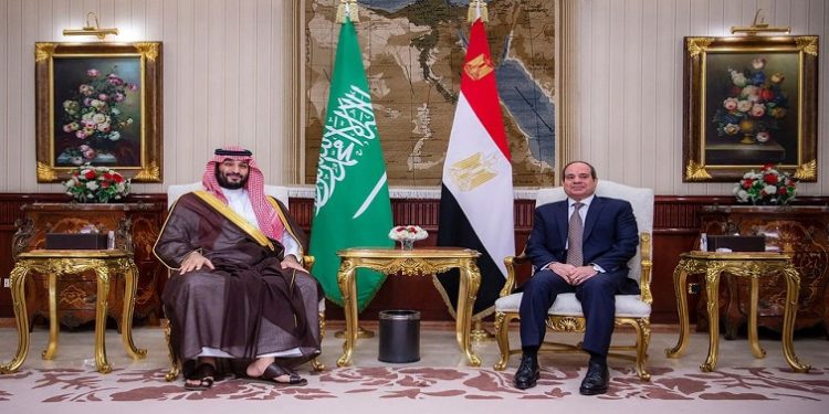 Saudi Crown Prince Mohammed bin Salman meets Egyptian President Abdel Fattah al-Sisi upon his arrival in Cairo, Egypt, June 20, 2022.