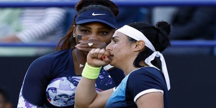 Serena Williams of the U.S. and Tunisia's Ons Jabeur after winning their doubles quarter final match against Japan's Shuko Aoyama and Taiwan's Hao-Ching Chan.