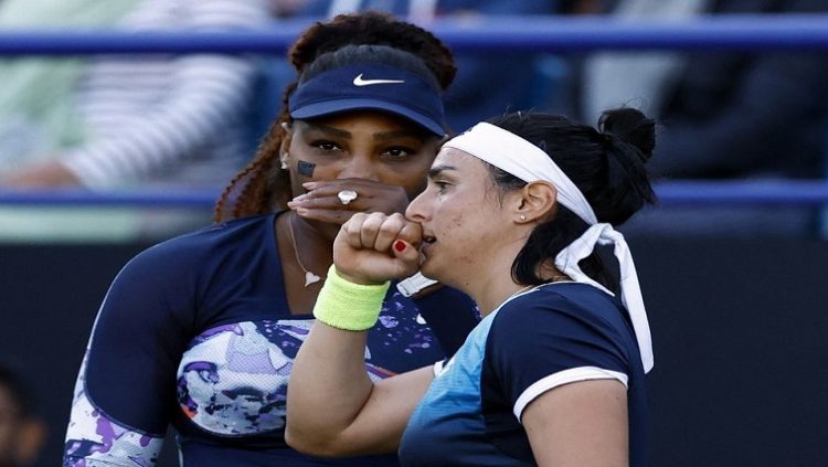 Serena Williams of the U.S. and Tunisia's Ons Jabeur after winning their doubles quarter final match against Japan's Shuko Aoyama and Taiwan's Hao-Ching Chan.