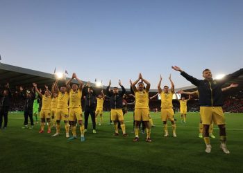 Ukraine players celebrate and applaud their fans after the match.