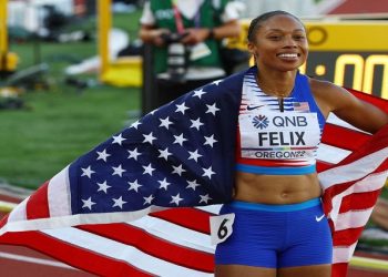 United States of America's Allyson Felix reacts after winning bronze.