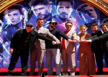 Actors Robert Downey Jr., Chris Evans, Mark Ruffalo, Chris Hemsworth, Scarlett Johansson, Jeremy Renner and Marvel Studios President Kevin Feige pose for a photo during the handprint ceremony at the TCL Chinese Theatre in Hollywood, Los Angeles, California, U.S. April 23, 2019.