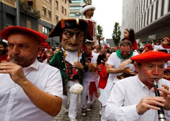 Musicians perform during San Fermin festival's "Comparsa de gigantes y cabezudos" (Parade of the Giants and Big Heads) in Pamplona, Spain, July 6, 2022.