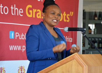 Suspected Public Protector Busisiwe Mkhwebane speaks at an event.