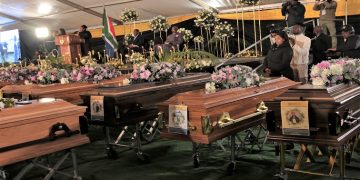 Coffins at the mass funeral of the Enyobeni tavern victims at Scenery Park, outside East London, 6 July, 2022.
