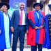 From left, UCT Vice Chancellor Mamokgethi Phakeng, EFF leader Julius Malema, Dr Kaizer Motaung and UCT Chancellor Precious Moloi-Motsepe pose for a picture after the graduation ceremony where Motaung was bestowed with his honorary doctorate.