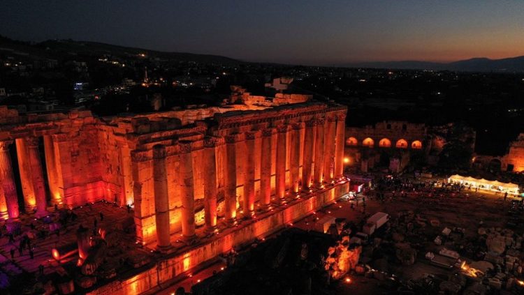 The Temple of Bacchus is illuminated during the opening of Baalbeck International Festival.