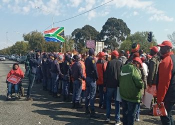 National Education, Health and Allied Workers' Union (Nehawu) members protest outside outside the Nasrec Expo Centre.
