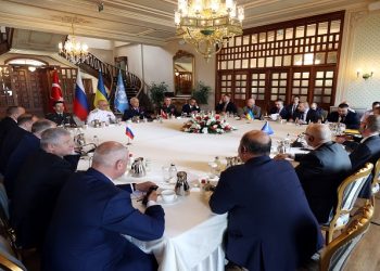 Russian, Ukrainian and Turkish military delegations meet with U.N. officials in Istanbul, Turkey July 13, 2022. Turkish Defence Ministry