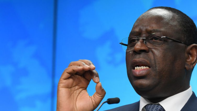 Senegal's President Macky Sall speaks at a news conference on the second day of a European Union (EU) African Union (AU) summit at The European Council Building in Brussels, Belgium February 18, 2022.