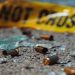 Bullet casings and broken glass at a crime scene.