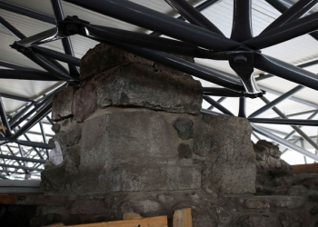 A view of a roof over ruins at the Templo Mayor, one of Mexico's most important ancient sites, which is undergoing reconstruction after being damaged in a major storm, in Mexico City, Mexico July 7, 2022. REUTERS/Henry Romero